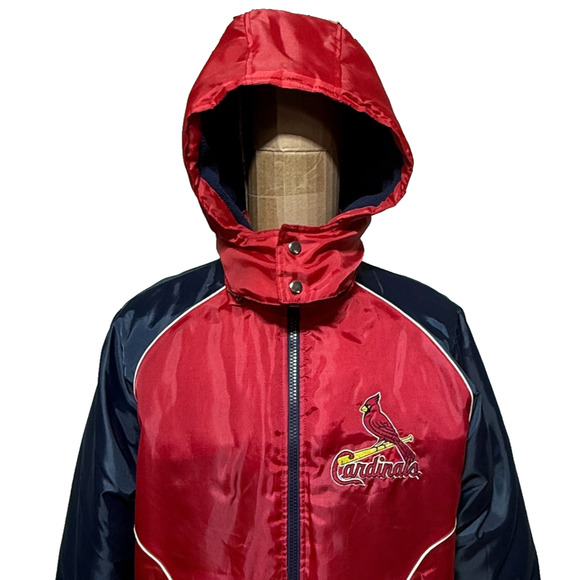St Louis Cardinals Bomber Jacket Mens Medium Red Blue Detachable Hood Full Zip - Picture 6 of 12